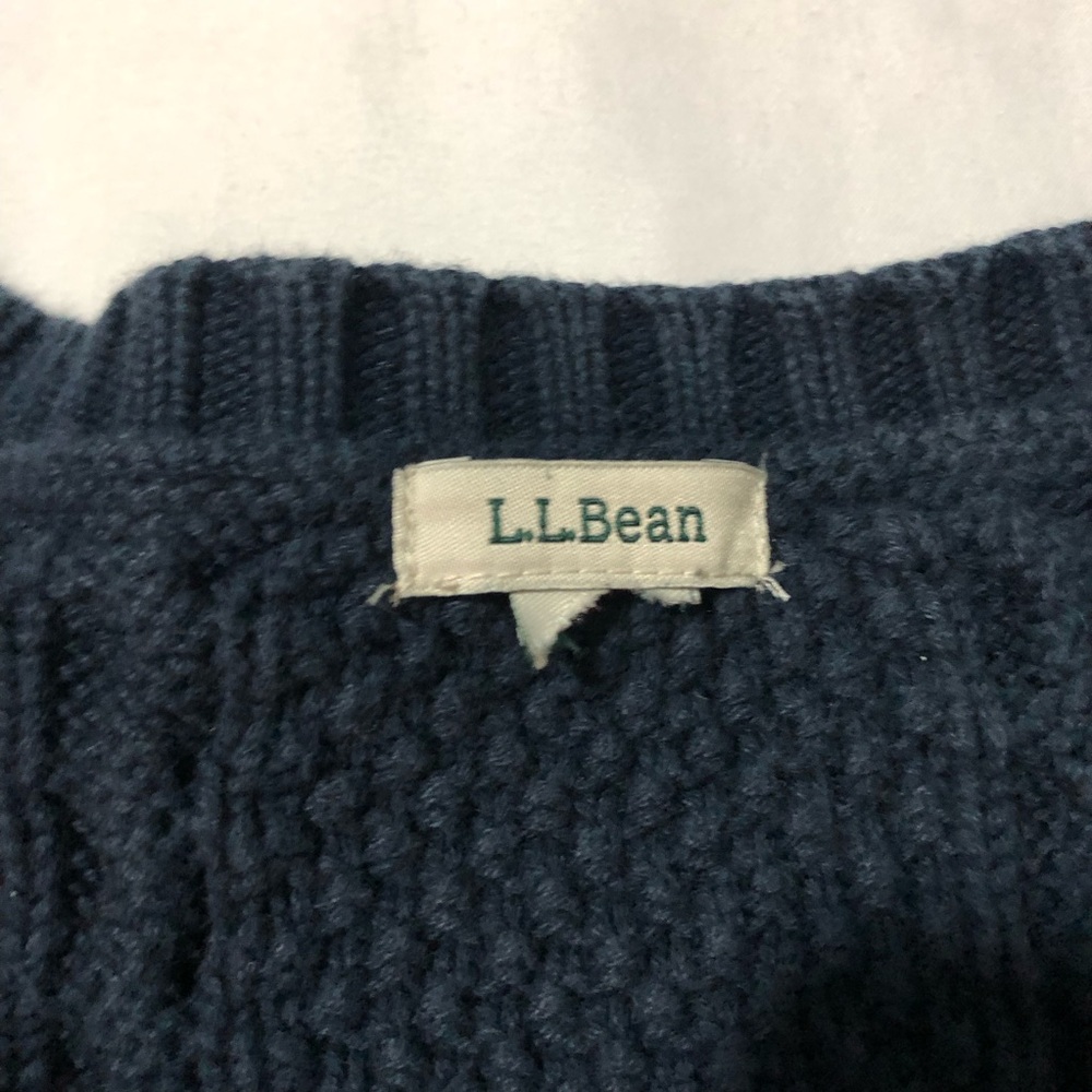 LL bean womens navy cable knit fisherman cotton cardigan woven buttons M preppy - Picture 4 of 10